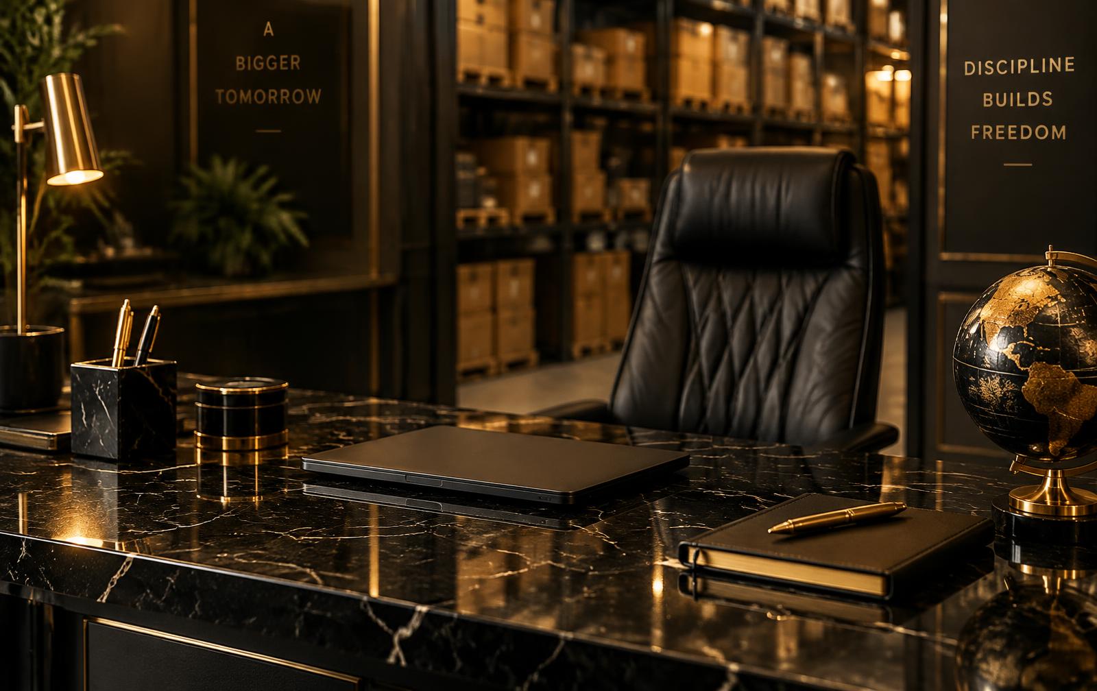 Executive desk with warehouse shelving in the background