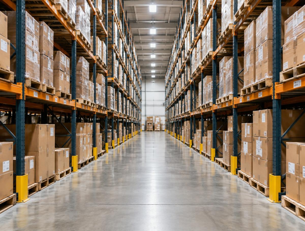 Warehouse aisle lined with stocked shelves